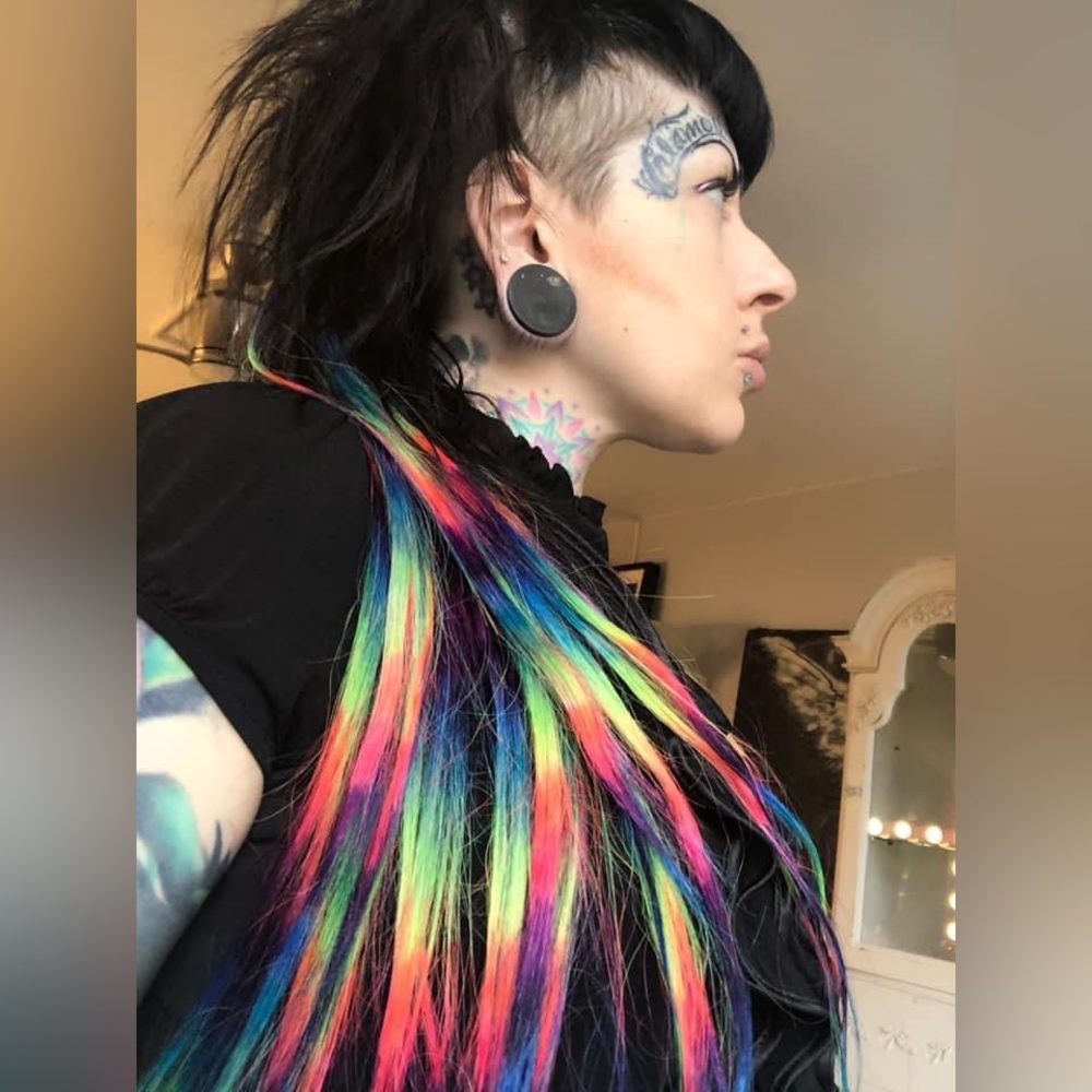 26 inch neon pink rainbow black raver coontail ombré hair extensions for Mohawk